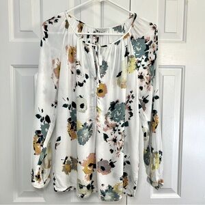 Lucky Brand Floral Long Sleeve Boho Keyhole Tie Neckline Size Medium